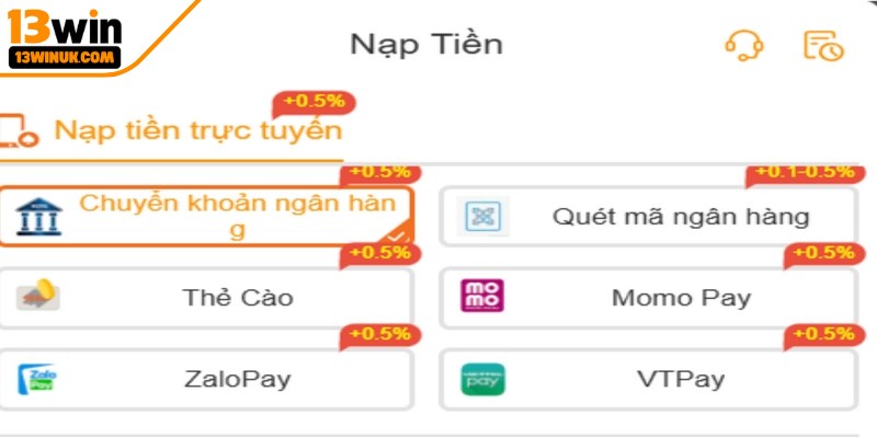 13Win hợp tác cùng các ngân hàng nạp tiền uy tín cho anh em